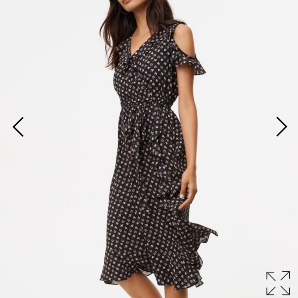 The "violet cold shoulder" Loft dress size‎ S faux wrap ruffles midi black